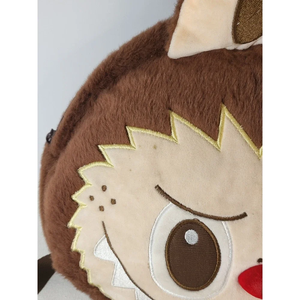 Plush Monster Character Faux Fur Backpack Brown Embroidered Face Red Nose